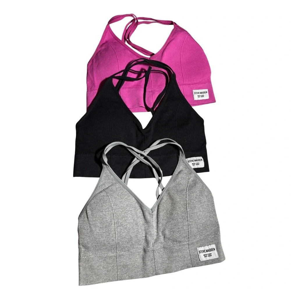 Steve Madden Padded Ribbed Seamless Bralette 3 Pk Strappy Back Pink Black Grey M